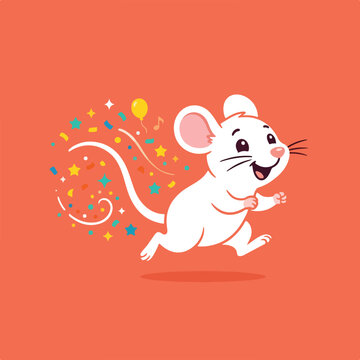 Cute cartoon white mouse running with colorful festive confetti trail.