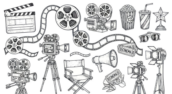 Film crew equipment and movie symbols arranged on a surface