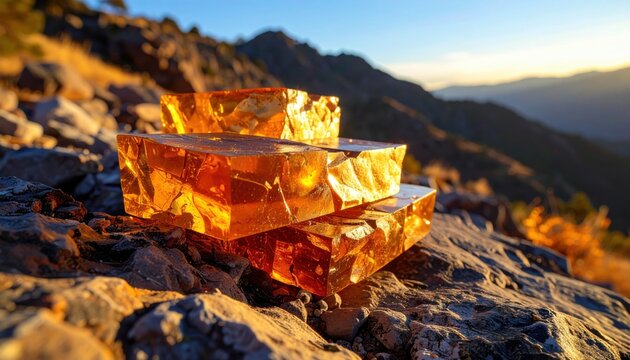 Warm amber resin blocks catching golden sunlight on rugged rocky terrain with mountains in background
