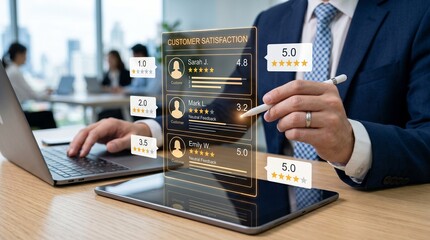 Fototapeta premium Manager reviewing user feedback scores on customer satisfaction digital rating display for brand reputation tracking and service evaluation platform use.