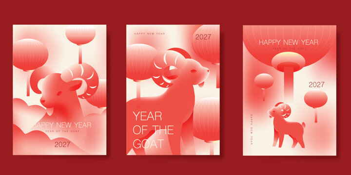 Happy Chinese new year 2027 poster vector set. Year of the Goat zodiac template with horse and Chinese lantern on orange background. Design for card, cover, social media, Happy New Year, ads.