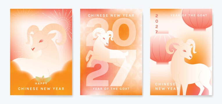 Happy Chinese new year 2027 poster vector set. Year of the Goat zodiac template with horse and Chinese lantern on orange background. Design for card, cover, social media, Happy New Year, ads.