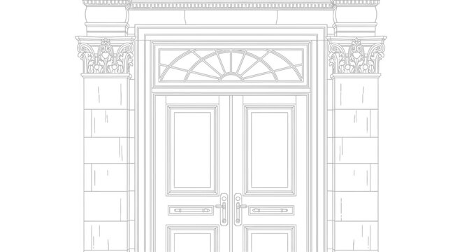 Detailed vector illustration of a classical architectural facade with elegant double door, ornate columns, and fanlight frame.