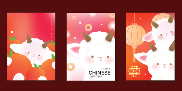 Happy Chinese new year 2027 poster vector set. Year of the Goat zodiac template with horse and Chinese lantern on orange background. Design for card, cover, social media, Happy New Year, ads.
