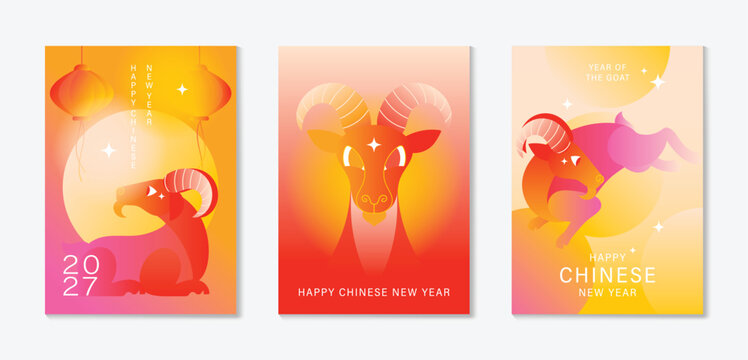 Happy Chinese new year 2027 poster vector set. Year of the Goat zodiac template with horse and Chinese lantern on orange background. Design for card, cover, social media, Happy New Year, ads.