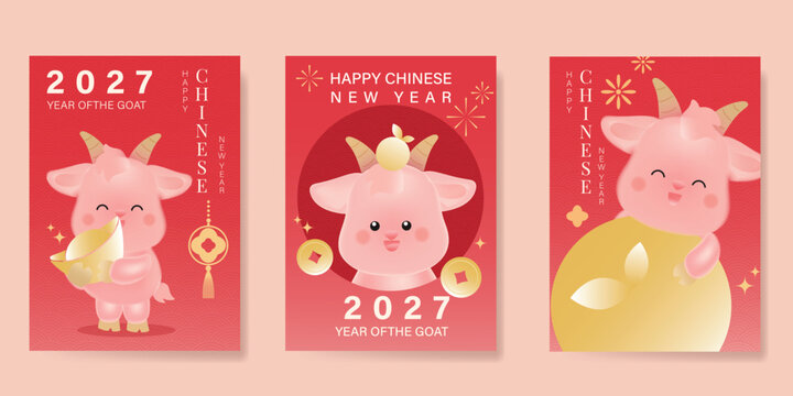 Happy Chinese new year 2027 poster vector set. Year of the Goat zodiac template with horse and Chinese lantern on orange background. Design for card, cover, social media, Happy New Year, ads.