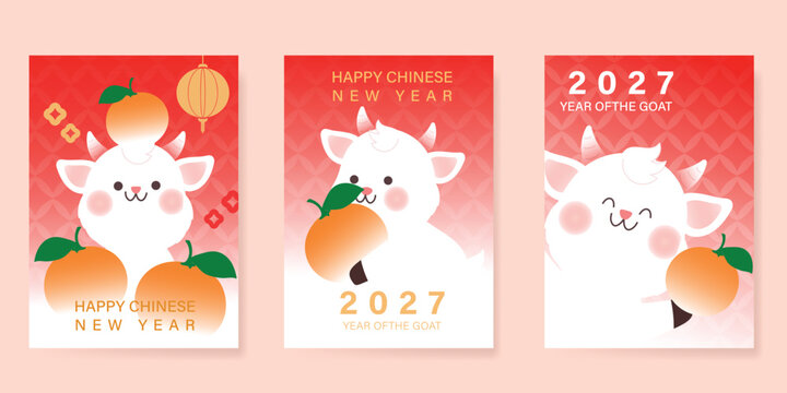 Happy Chinese new year 2027 poster vector set. Year of the Goat zodiac template with horse and Chinese lantern on orange background. Design for card, cover, social media, Happy New Year, ads.