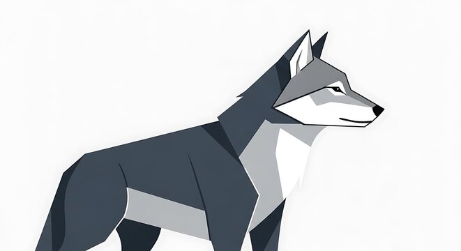 Geometric vector illustration of a wolf in a low poly style with a gray and white color palette