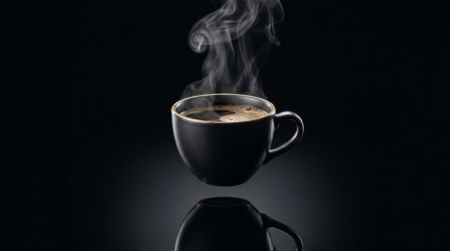 Aromatic Hot Coffee in a Black Mug, with Steam Rising, Against a Dark Background, Evoking Warmth and Comfort