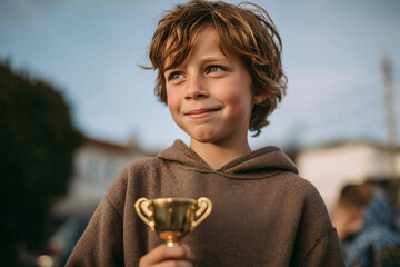 Obraz premium Happy Child Holding Winner Trophy After School Competition Achievement and Success