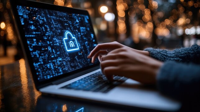Employee confidentiality concept: Managing corporate files and employee information. Person using laptop with confidential word and icon on virtual screen to access documents, data, and cybersecurity.