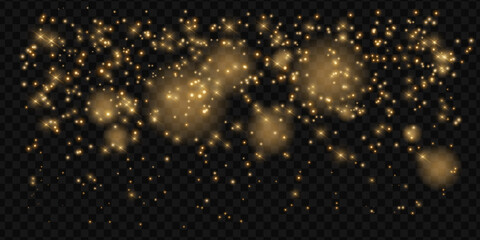 Obraz premium Golden glitter particle background with sparkling star lights and glowing bokeh effect on transparent background.
