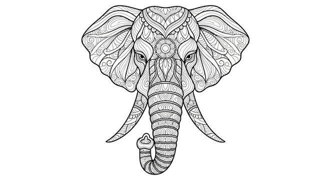 Intricate Elephant Head Illustration with Zentangle Mandala Patterns. Detailed Line Art Drawing for Coloring Book Design and Spiritual Themes.