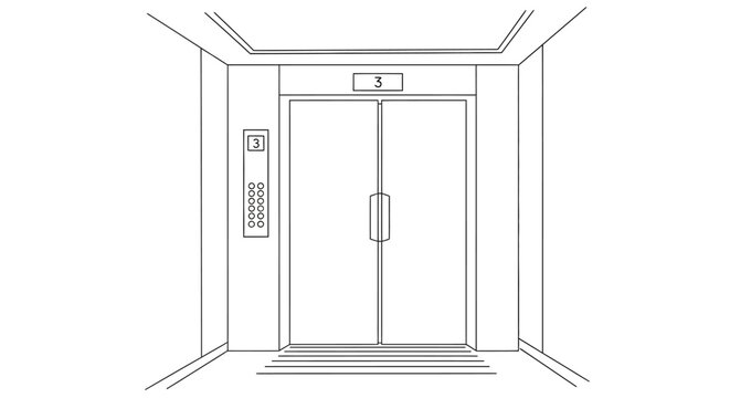 Line Art Illustration of an Empty Elevator Entrance with Closed Doors and Control Panel in a Modern Building Interior