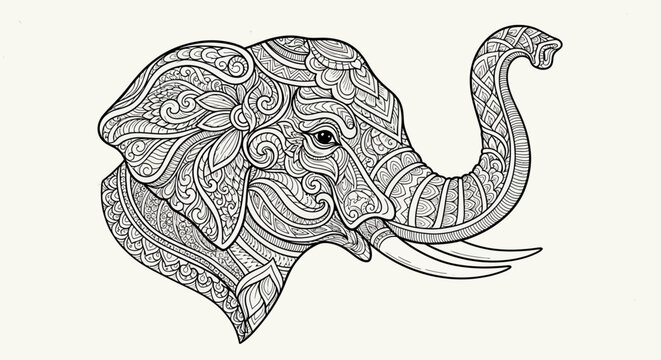 Detailed Ornate Elephant Head Illustration with Zentangle and Mandala Patterns. Decorative Animal Drawing in Black and White Art.