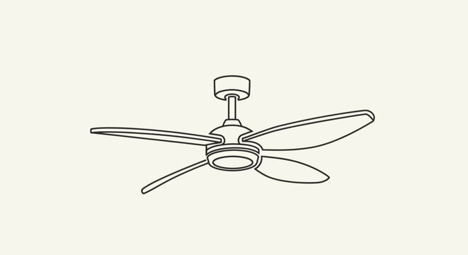 Modern ceiling fan line art illustration. Minimalist vector drawing of a domestic appliance for air circulation and cooling.
