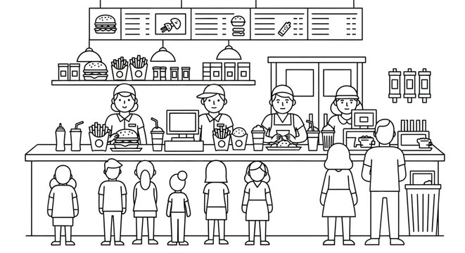 Minimalist black and white line art illustration of a busy fast food restaurant counter with customers and staff ordering food