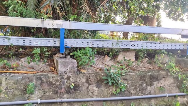 Galvanized Steel Cable Tray Installation on Concrete Wall with Tropical Plants for Outdoor Electrical Infrastructure
