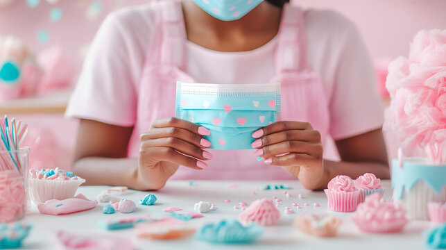Person wearing pink apron and light blue face mask decorated with pink hearts holds up another identical face mask, surrounded by whimsical display of pastel-colored candies, cupcakes, and cotton cand
