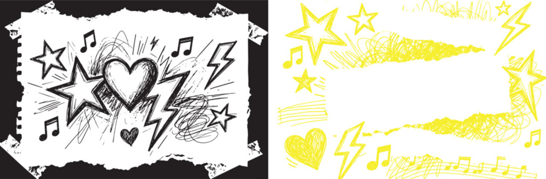 Hand drawn doodle elements with stars hearts lightning bolts and musical notes in grunge sketch style vector illustration