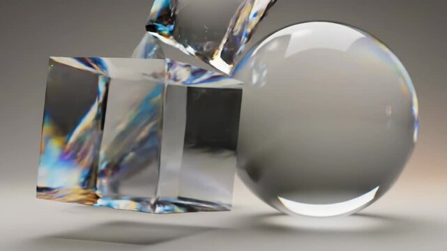 Abstract 3D composition featuring transparent glass spheres, a pyramid, and prisms floating in zero gravity against a neutral grey minimalist studio background with soft caustic light.