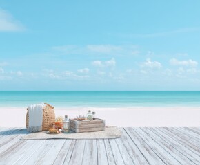 Obraz premium Serene Beach Getaway: A wicker basket with a rolled towel and toiletries rests on a wooden deck beside a rustic crate filled with bottles.