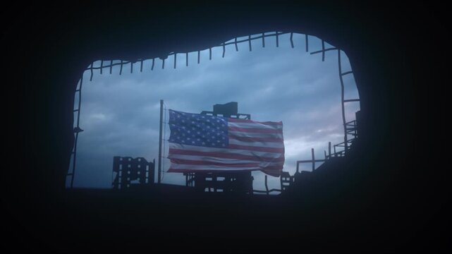 American Flag Waving Inside Dark Ruined Urban Building