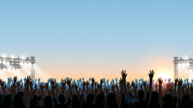 Summer music festival crowd silhouette, stage light, sunset sky, cheering audience, outdoor concert scene