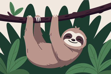 Fototapeta premium Cute illustration of a brown sloth hanging upside down from a tree branch in a lush tropical jungle setting, looking relaxed and happy.