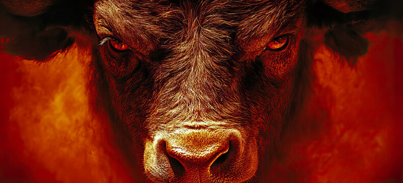 Intense close-up of powerful bull's face with fiery red eyes and detailed fur against dramatic, smoky red background, conveying raw energy and primal force