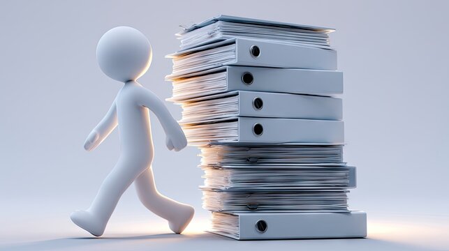 Stick figure walks to the left while carrying a tall stack of gray binders filled with papers and binder clips in a simple background