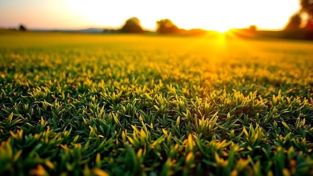A golf course green with velvet texture at sunset.