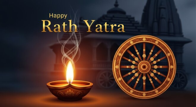 Happy rath yatra greeting card with oil lamp and chariot wheel