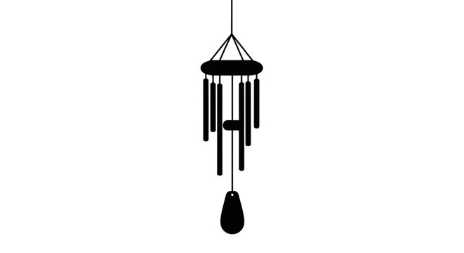 Elegant black wind chime with hanging tubes and wooden striker, minimalist silhouette design