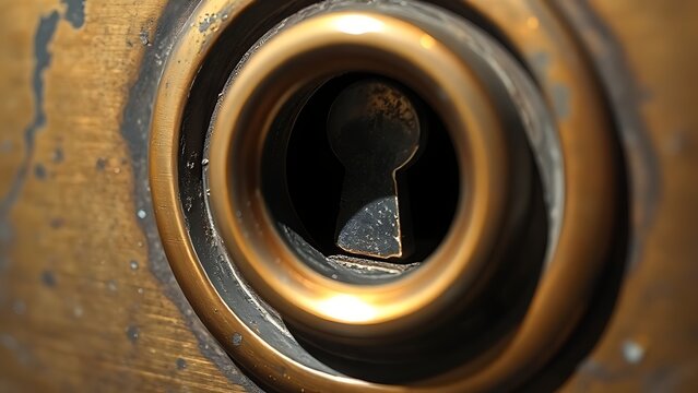 Extreme close-up of antique brass door lock, dark keyhole against textured metal, side lighting.