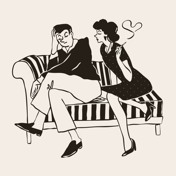 Couple on chaise Lounge. Lady with cigarette, man in bad mood. Retro, vintage black and white style. Love, feelings, romance concept. Hand drawn Vector illustration. Sticker, logo, icon, print templat
