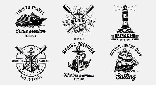 Marina sailing club logos with ships and lighthouses on water