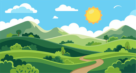 Fototapeta premium Flat Design Vector Landscape with Green Hills, Mountains, and Sunny Sky