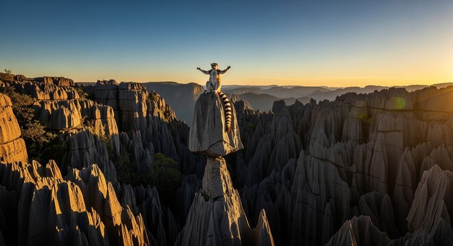 A traveler standing on the very top of a pointed rock needle in a massive stone forest, raising hands up during a beautiful golden sunset.