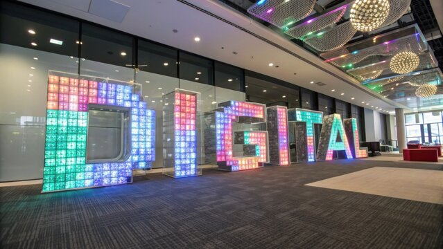 Colorful LED installation in modern office lobby spelling out word DIGITAL with vibrant lights and contemporary design elements
