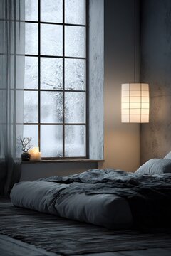 Cozy bedroom interior with snowy window and warm glowing lamp