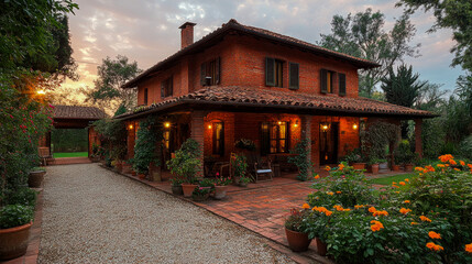 Fototapeta premium Idyllic rustic brick villa or farmhouse, with welcoming illuminated porch and vibrant orange flowers in lush garden, set against serene sunset or twilight sky, exuding warmth and charm.