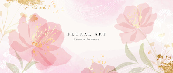 Obraz premium Floral art background vector. Soft pastel watercolor flowers and botanical leaves with gold accents on beige for wedding invitation, feminine banner, elegant card and romantic cover.