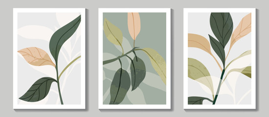 Obraz premium Botanical wall art vector set. Green watercolor leaf prints on beige with white frames for home decor, gallery wall, poster and minimalist interior design.
