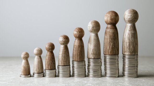 Six wooden peg dolls lined up on stacks of coins on a light gray surface with natural light and focus showing their details and height differences