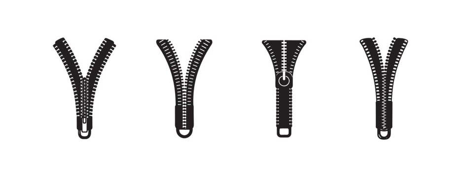 Zipper fasteners in different positions on white background  open and closed zippers with metal teeth and pull tabs