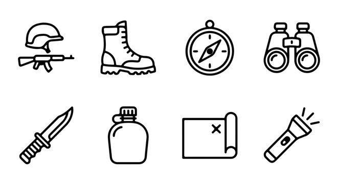 Military and Outdoor Adventure Icons: Soldier Gear, Navigation Tools, Survival Equipment