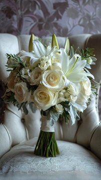 Beautiful bridal bouquet of white roses and lilies on an armchair