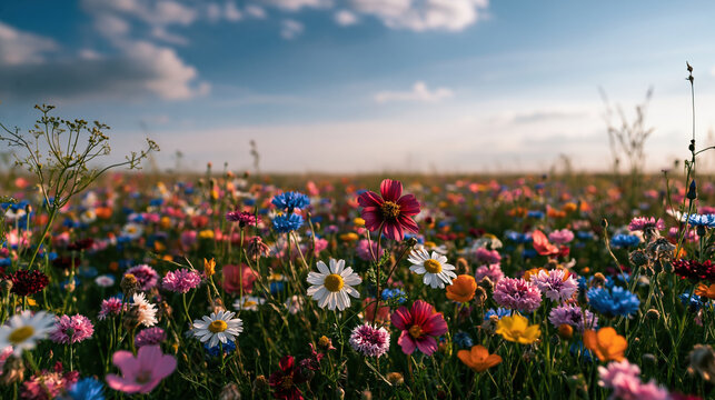 Wildflower meadow floral background soft field of mixed blooms under blue sky with calm horizon and bright light