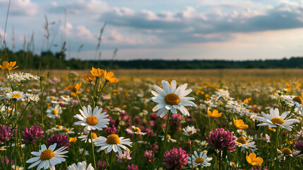 Obraz premium Wildflower meadow floral background soft field of mixed blooms with daisies and clover under cloudy sky